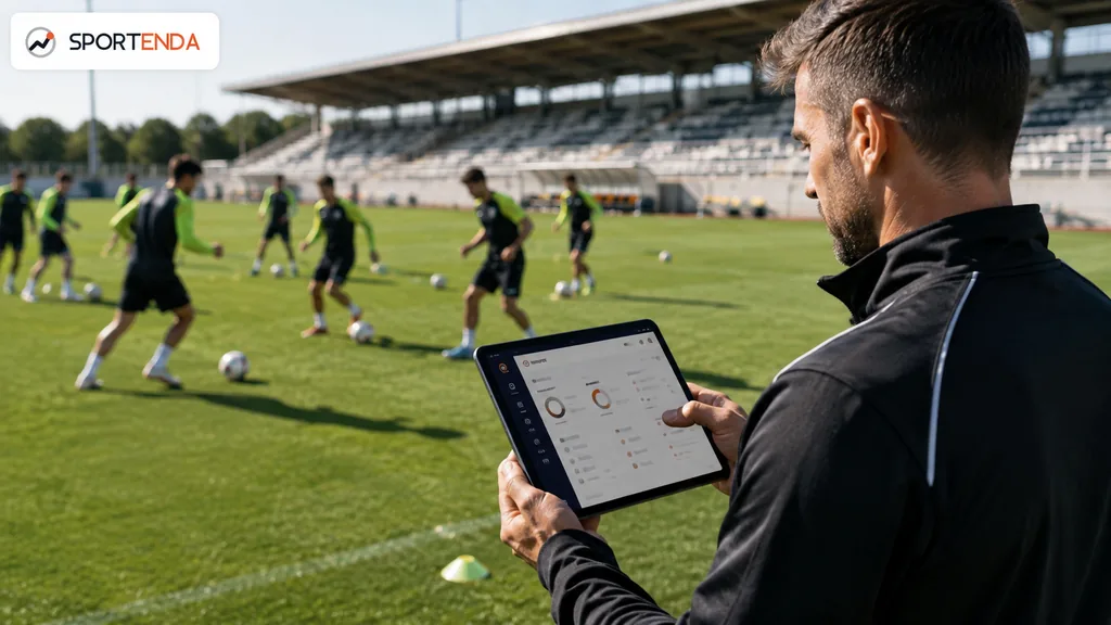 Immagine generata con IA: Allenatore a bordo campo consulta su tablet la dashboard di analisi durante un allenamento di calcio