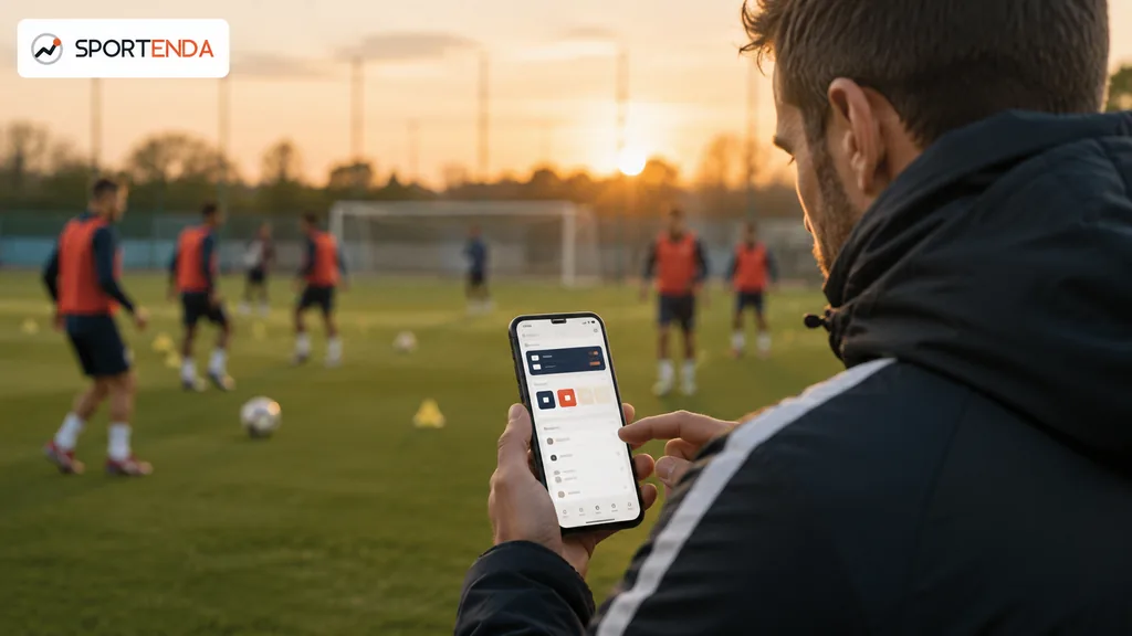 Immagine generata con IA: Allenatore consulta l’app su smartphone durante un allenamento di calcio al tramonto