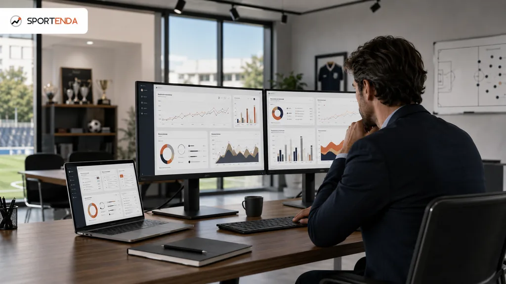 Immagine generata con IA: Dirigente analizza grafici e statistiche su doppio monitor in un ufficio con vista sul campo
