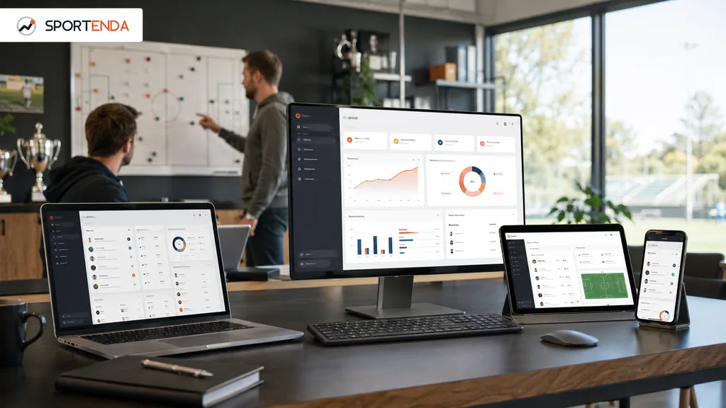 Immagine generata con IA: Dashboard sportiva visualizzata contemporaneamente su monitor, laptop, tablet e smartphone in sala riunioni