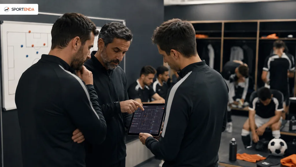 Immagine generata con IA: Allenatore mostra a due giocatori lo schema tattico su tablet nello spogliatoio