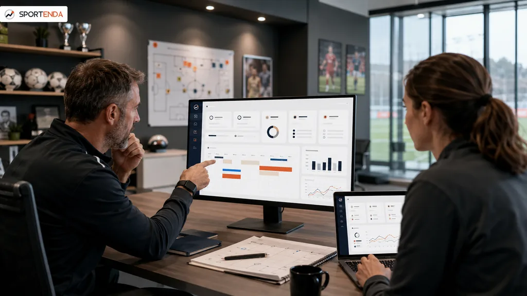 Immagine generata con IA: Due membri dello staff tecnico analizzano grafici e calendario su monitor e laptop in ufficio